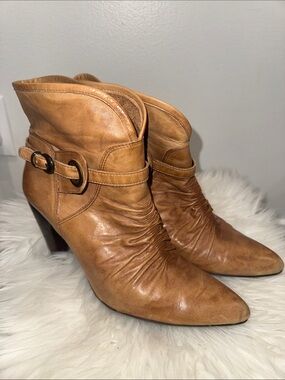 Carlos Santana Tan Leather Ankle Boots with Buckle Strap